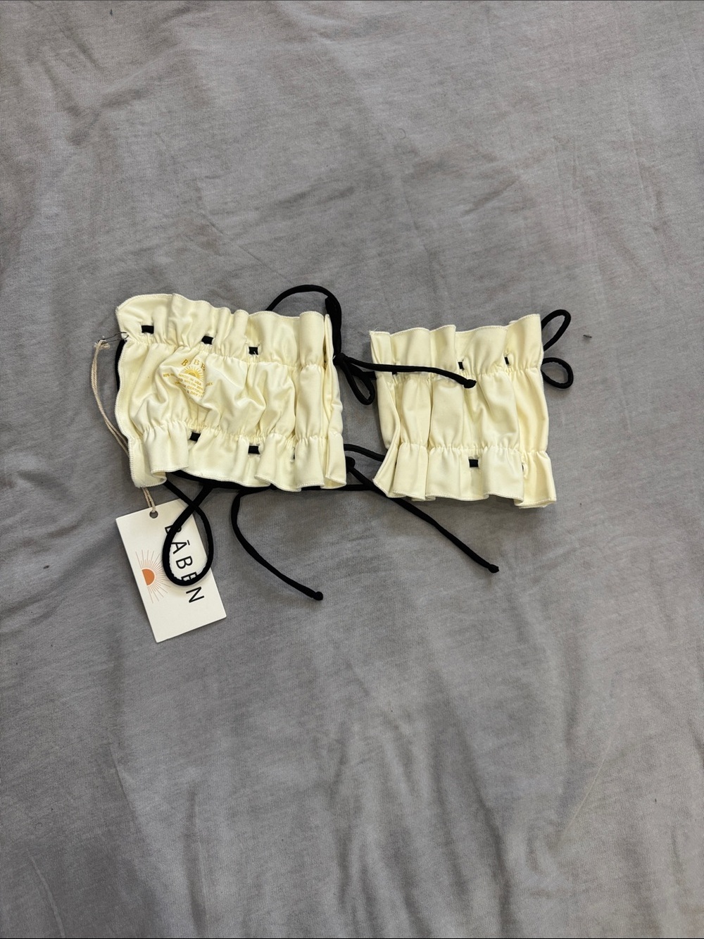 Cream Ruching Bandeau swimsuit Top with Black Ties